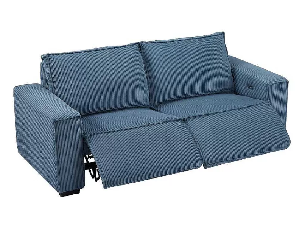 Conjunto Sofá E Poltrona*Vente-unique Sofá De 3 Lugares E Poltrona Em Veludo Canelado Azul - Amelio