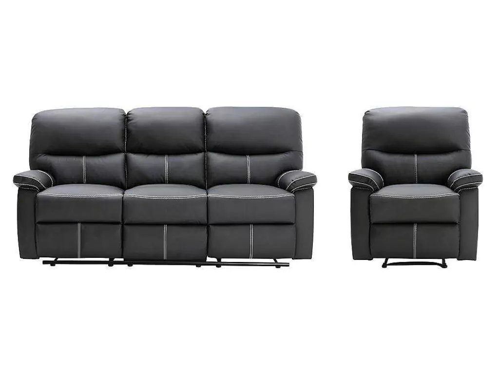 Conjunto Sofá E Poltrona*Vente-unique Sofá De 3 Lugares E Poltrona Relax Em Pele Sintética Cor Preto - Canby