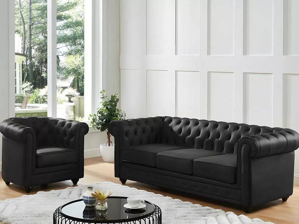 Sofá Em Pele*Vente-unique Sofá De 3 Lugares Em Pele De Bufalo - Preto - Chesterfield