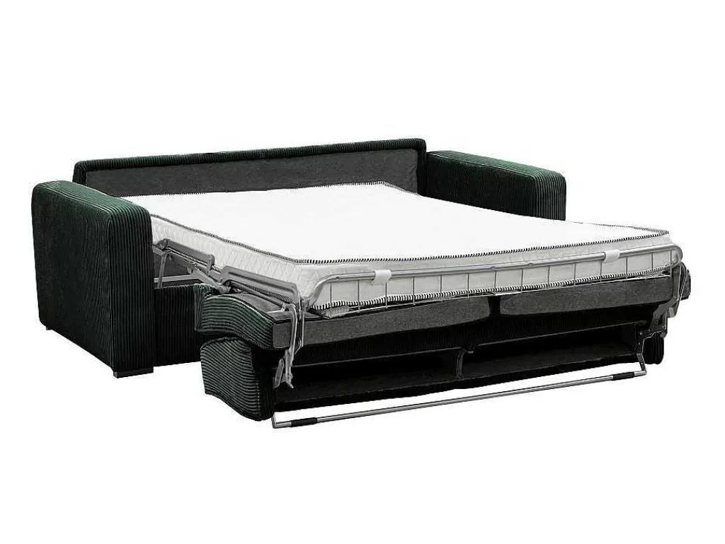 Sofá Cama De Abertura Rapida*Vente-unique Sofá De 4 Lugares Convertivel Abertura Rapida Veludo Canelado Verde, Cama De Ripas Largas, Colchão De 18 Cm - Mondovi