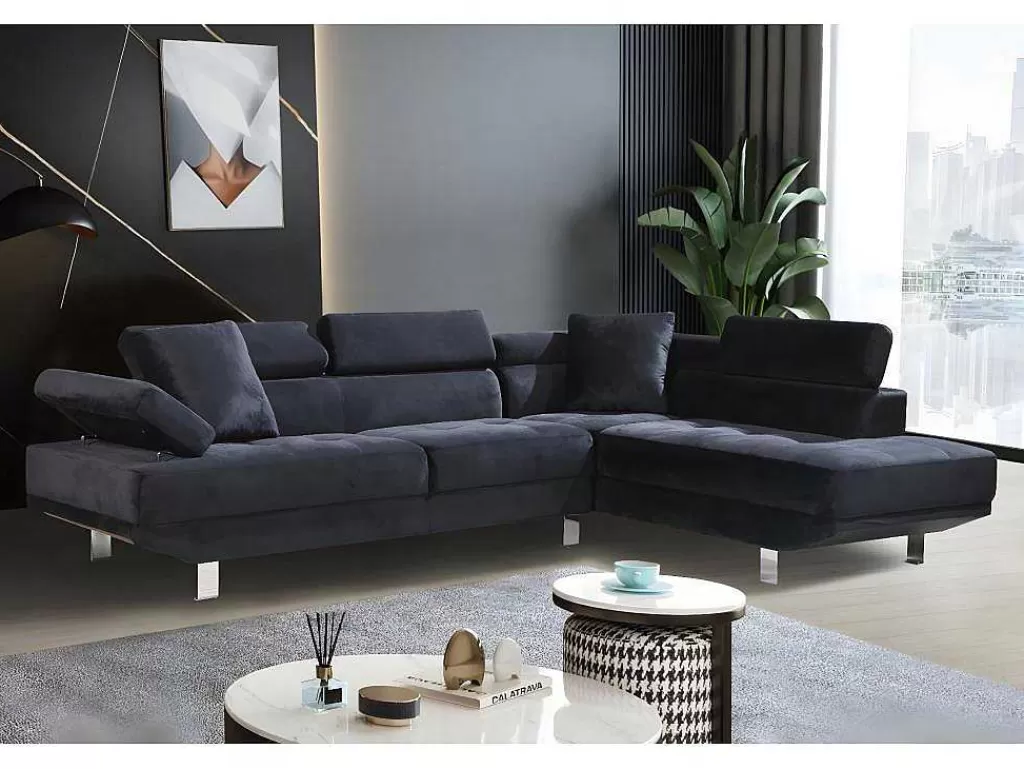 Sofá*Saldosystocks Sofá De Canto Chaise Longue Executive Preto 262X190Cm Vista Frontal Lado Direito