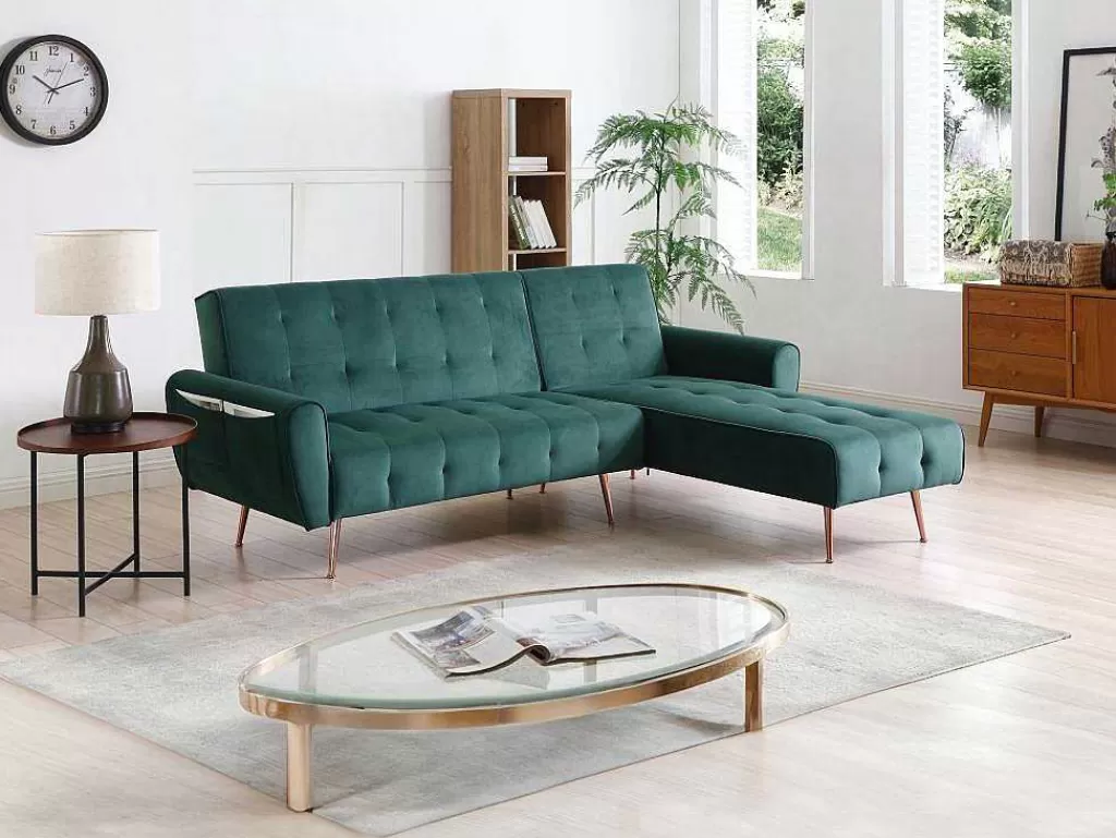 Sofá Cama Clic-Clac E Dobravel*Vente-unique Sofá De Canto Convertivel E Reversivel Em Veludo Verde Pinho - Polani