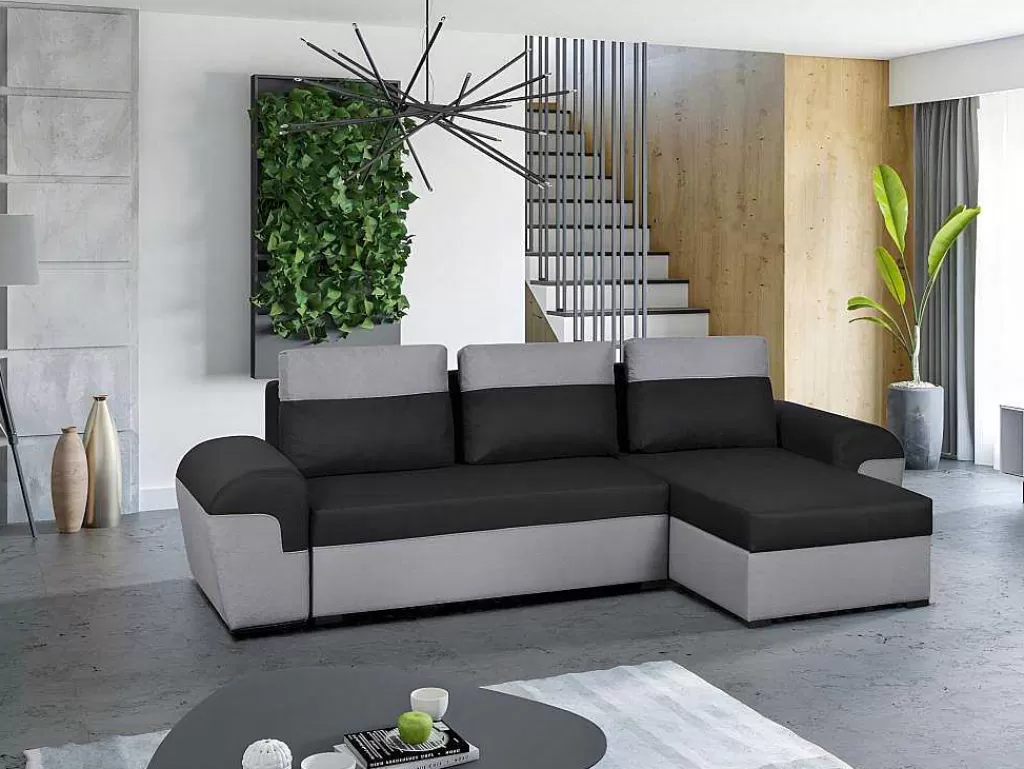 Sofá De 4 Lugares*Vente-unique Sofá De Canto Convertivel Em Cama E Reversivel Em Tecido Bicolor Preto E Cinzento Claro - Gaby