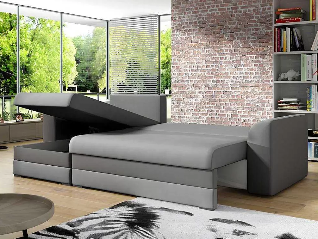 Sofá De 4 Lugares*Vente-unique Sofá De Canto Convertivel Em Cama E Reversivel Em Tecido Cinzento Claro Com Faixas Em Cinzento Escuro - Giany
