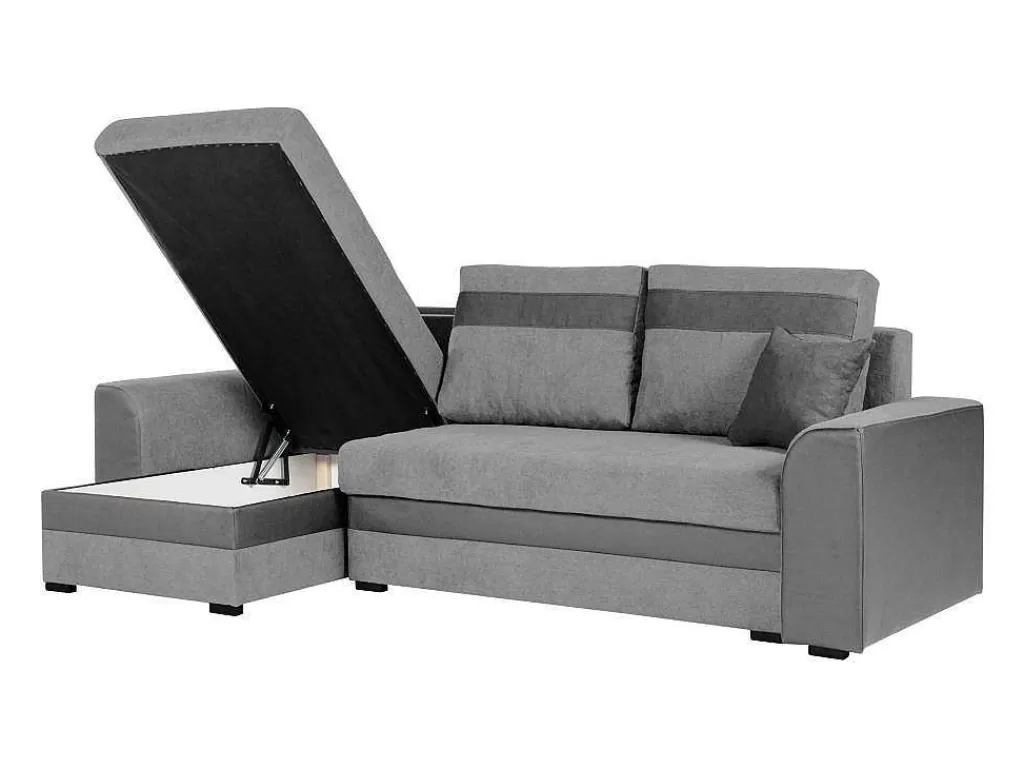 Sofá De 4 Lugares*Vente-unique Sofá De Canto Convertivel Em Cama E Reversivel Em Tecido Cinzento Claro Com Faixas Em Cinzento Escuro - Giany