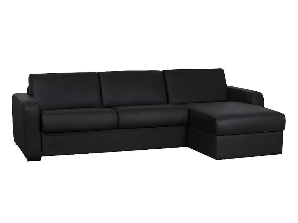 Sofá Cama De Abertura Rapida*Vente-unique Sofá De Canto Convertivel Em Cama Em Pele Preto - Canto Direito - Bevis
