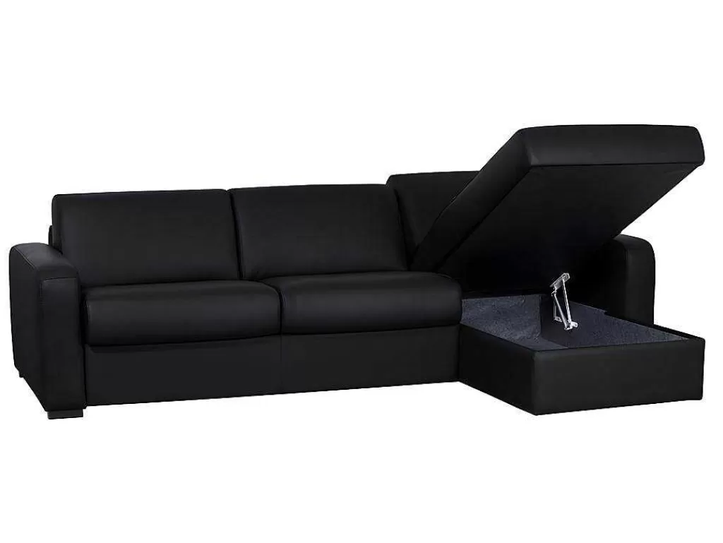 Sofá Cama De Abertura Rapida*Vente-unique Sofá De Canto Convertivel Em Cama Em Pele Preto - Canto Direito - Bevis