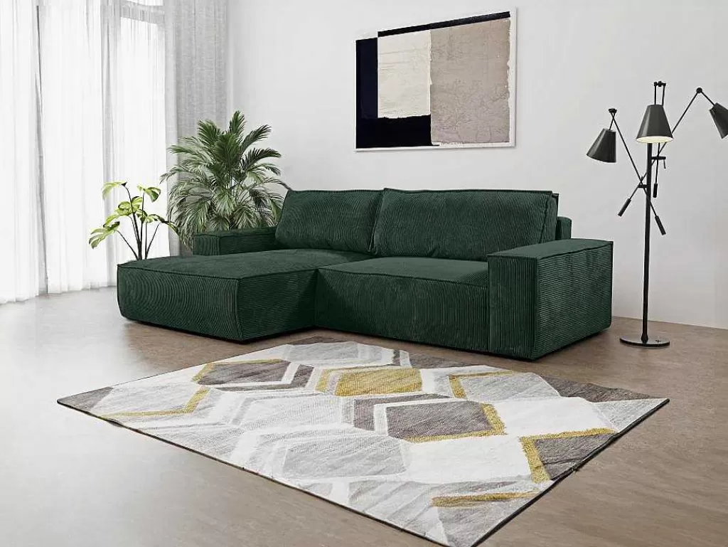 Promoções Sofás & Poltronas*Vente-unique Sofá De Canto Convertivel Em Veludo Canelado Verde Abeto Amelia Da Pascal Morabito Canto Esquerdo