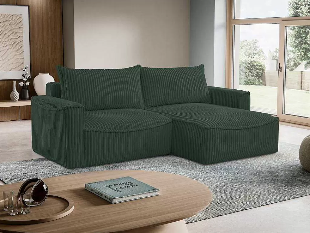 Sofá De 4 Lugares*Vente-unique Sofá De Canto Convertivel Reversivel Veludo Canelado Grosso Verde - Asturio