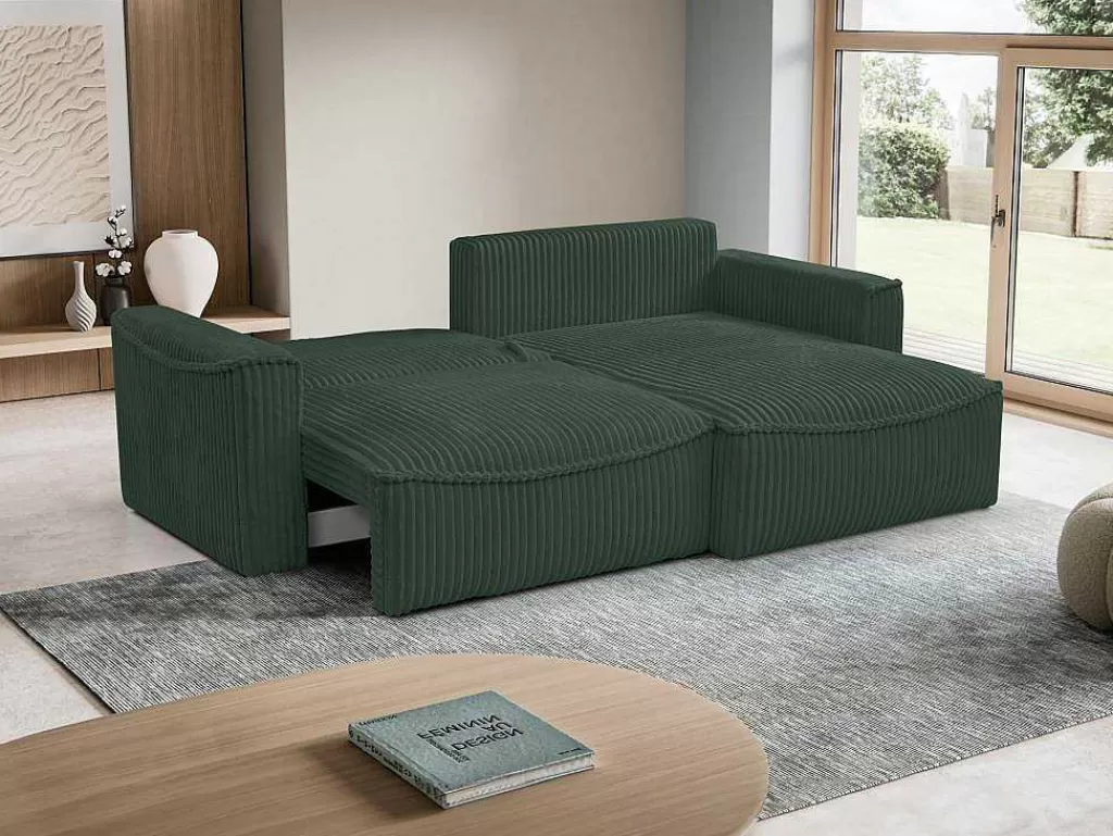 Sofá De 4 Lugares*Vente-unique Sofá De Canto Convertivel Reversivel Veludo Canelado Grosso Verde - Asturio