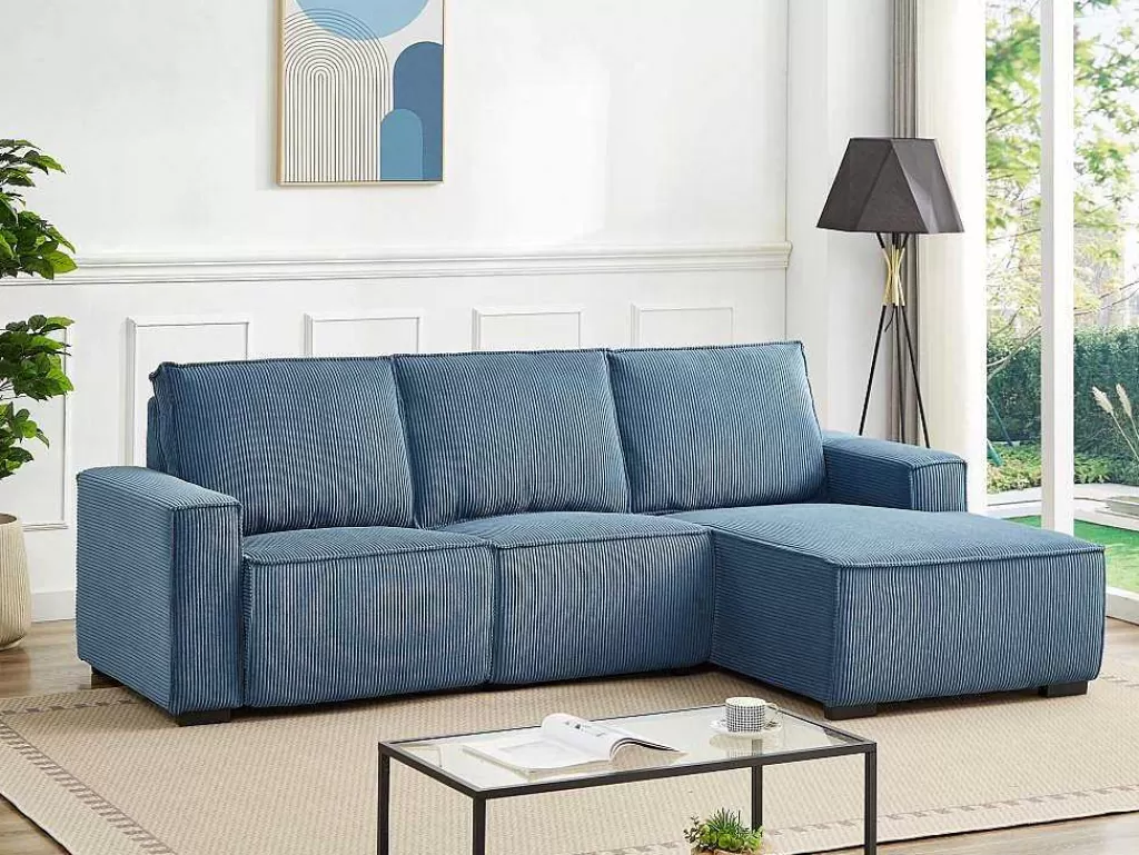 Sofá De Relaxamento Eletrico*Vente-unique Sofá De Canto Direito Articulado Eletrico Em Tecido Canelado Azul - Amelio