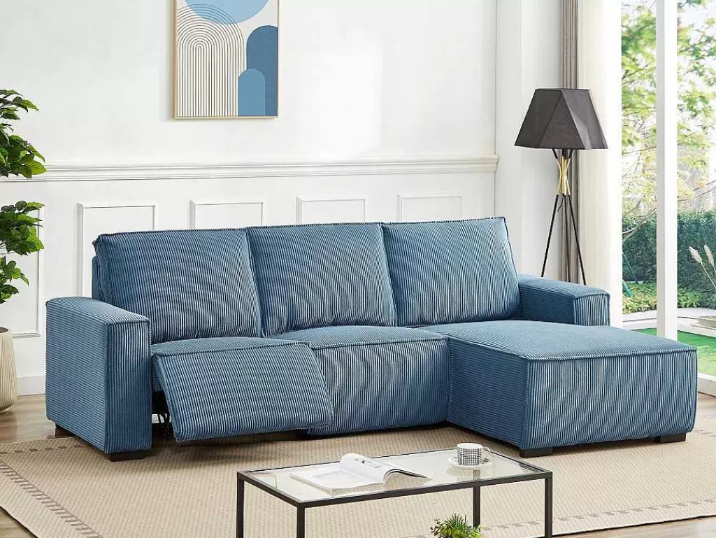 Sofá De Relaxamento Eletrico*Vente-unique Sofá De Canto Direito Articulado Eletrico Em Tecido Canelado Azul - Amelio