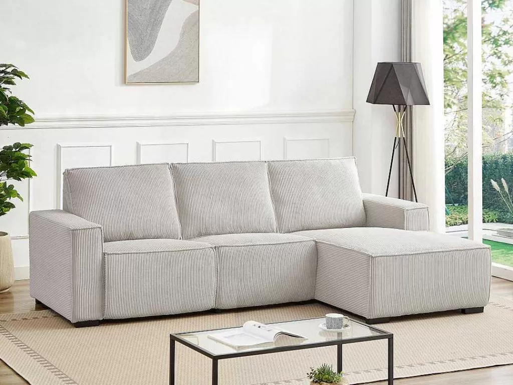 Promoções Sofás & Poltronas*Vente-unique Sofá De Canto Direito Articulado Eletrico Veludo Canelado Beige - Amelio