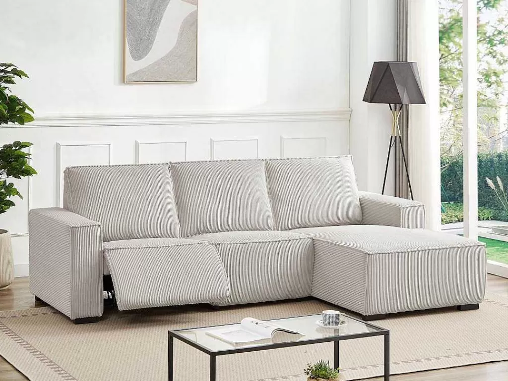 Promoções Sofás & Poltronas*Vente-unique Sofá De Canto Direito Articulado Eletrico Veludo Canelado Beige - Amelio