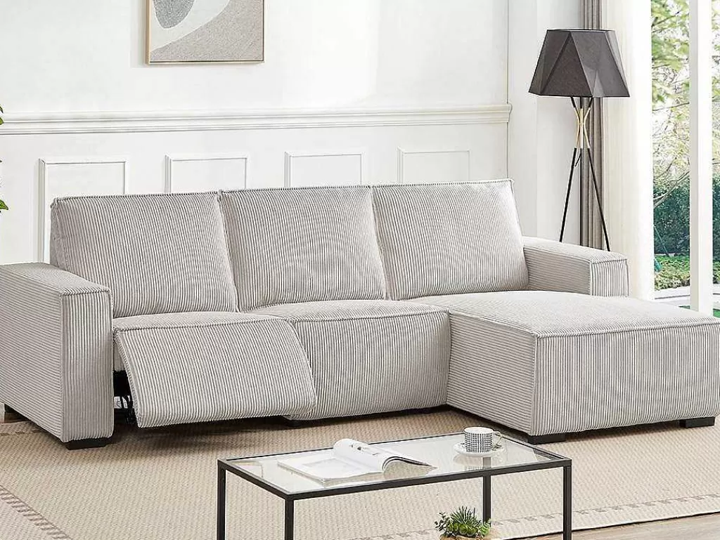 Promoções Sofás & Poltronas*Vente-unique Sofá De Canto Direito Articulado Eletrico Veludo Canelado Beige - Amelio