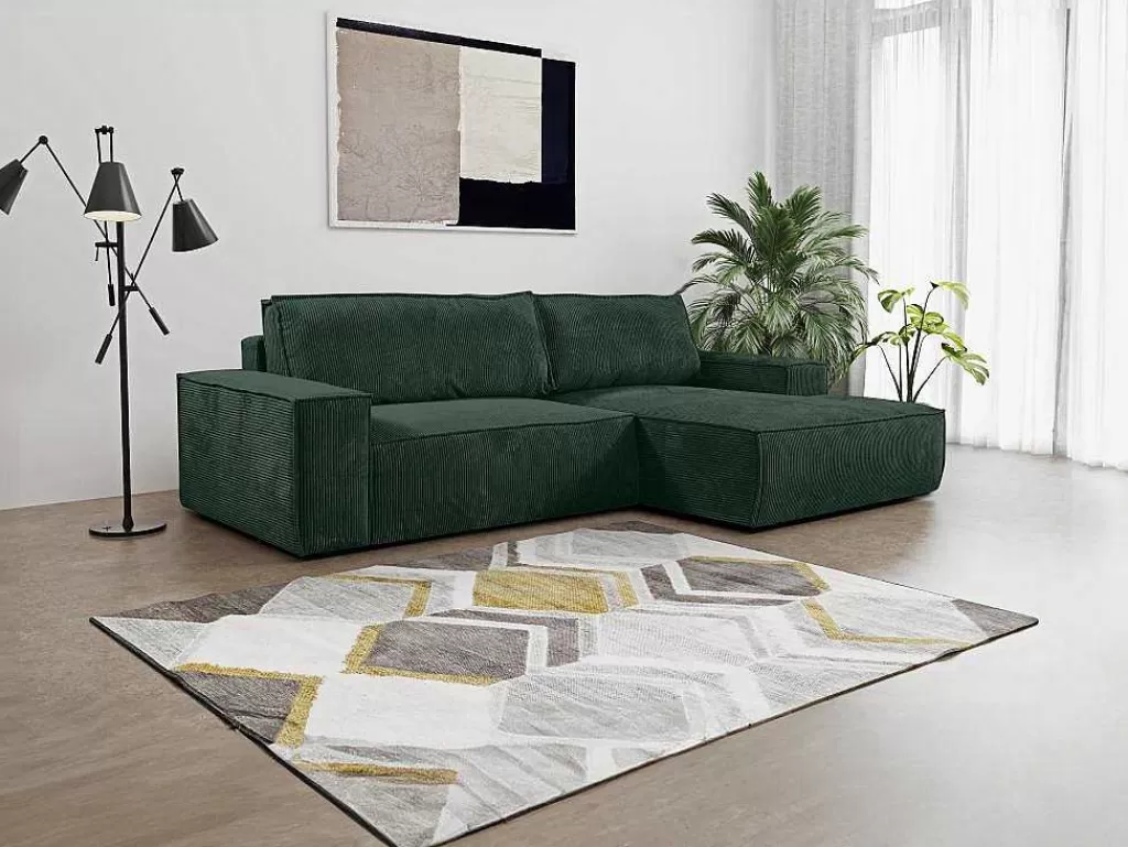 Promoções Sofás & Poltronas*Vente-unique Sofá De Canto Direito Convertivel Em Veludo Canelado Verde Abeto - Amelia De Pascal Morabito