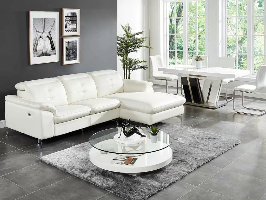 Sofá De Relaxamento Eletrico*Vente-unique Sofá De Canto Direito Relax Eletrico Em Pele De Bufalo Branco - Lismore