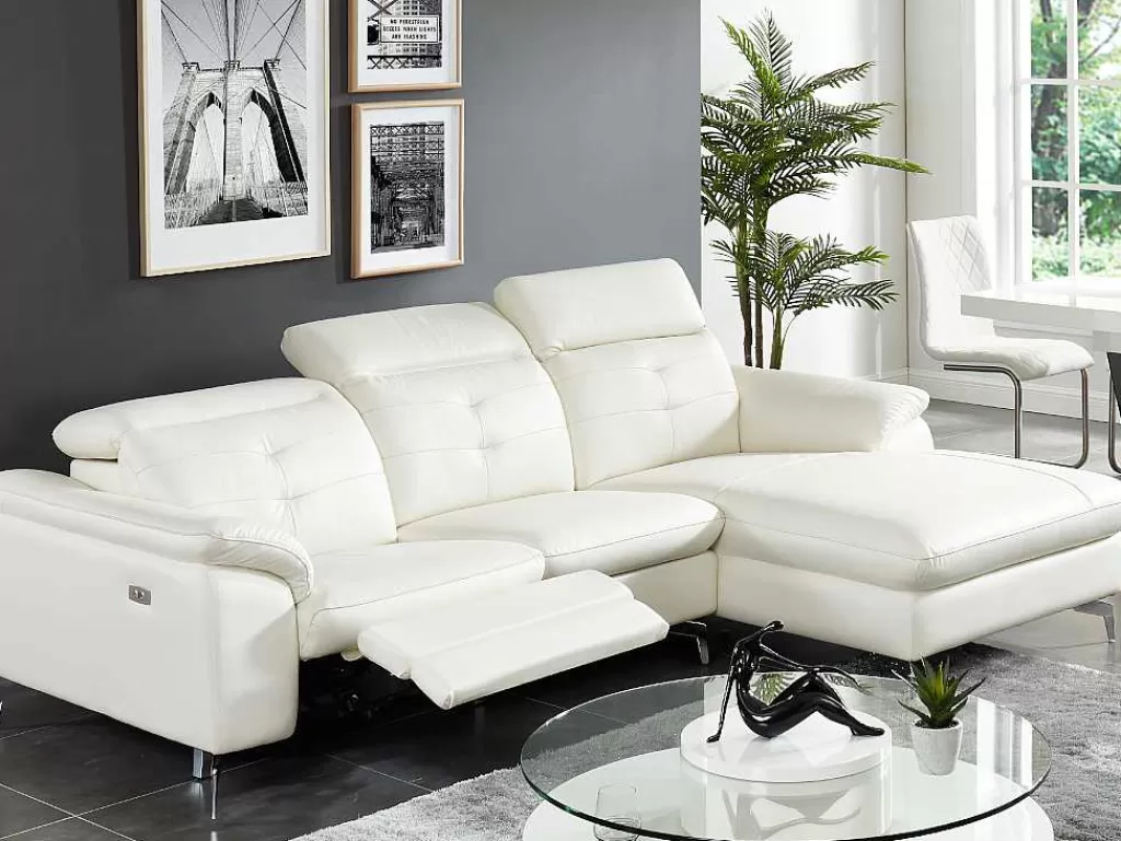 Sofá De Relaxamento Eletrico*Vente-unique Sofá De Canto Direito Relax Eletrico Em Pele De Bufalo Branco - Lismore