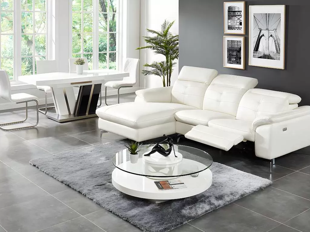 Sofá De Relaxamento Eletrico*Vente-unique Sofá De Canto Direito Relax Eletrico Em Pele De Bufalo Branco - Lismore