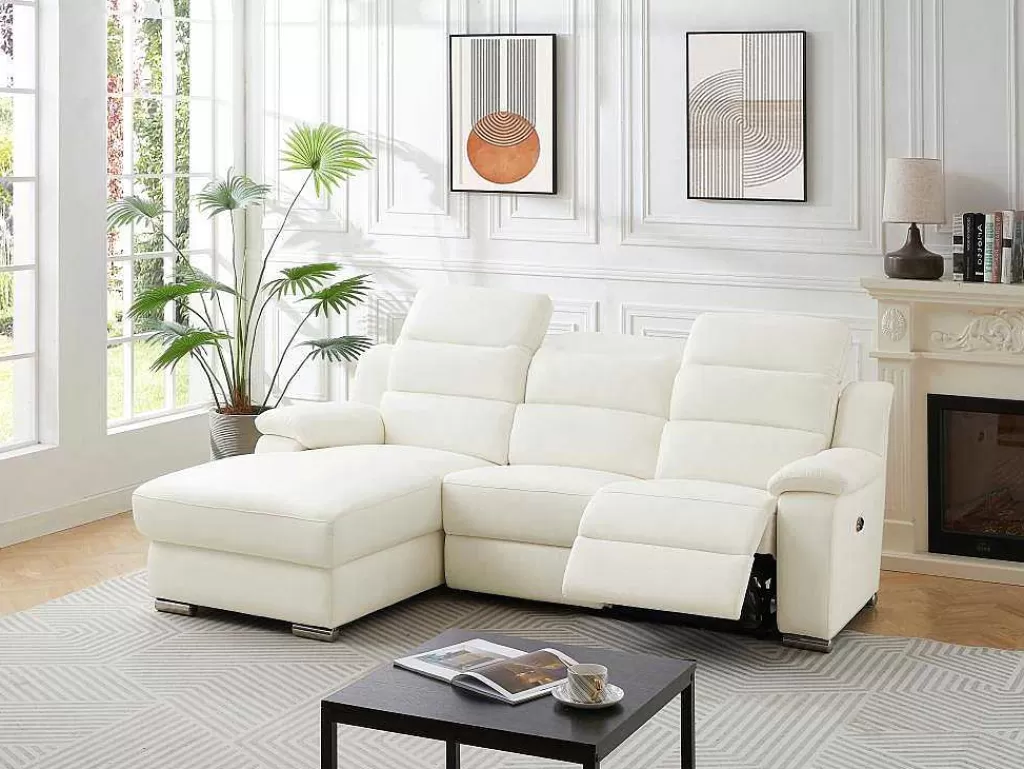 Sofá De Relaxamento Eletrico*Vente-unique Sofá De Canto Esquerdo Articulado Eletrico Pele Branco - Arena Iii