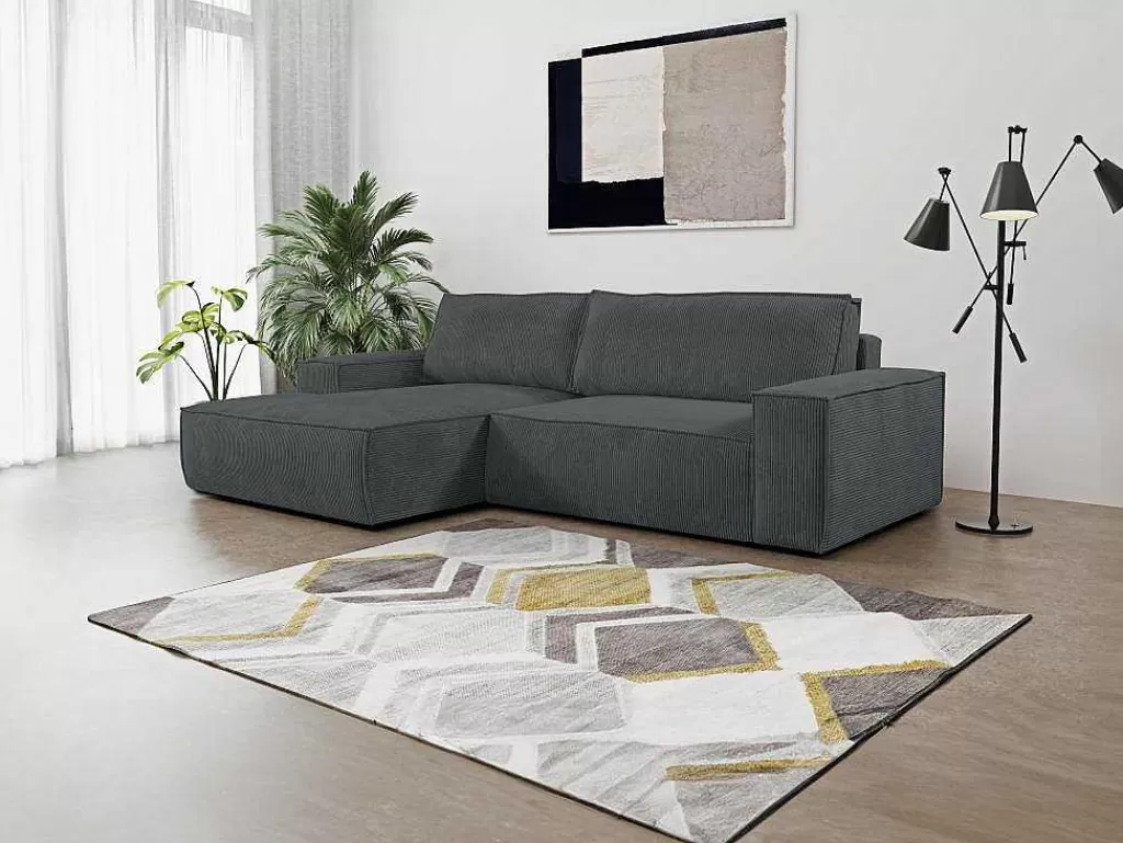 Promoções Sofás & Poltronas*Vente-unique Sofá De Canto Esquerdo Convertivel Em Veludo Canelado Cor Cinzento Antracite - Amelia De Pascal Morabito