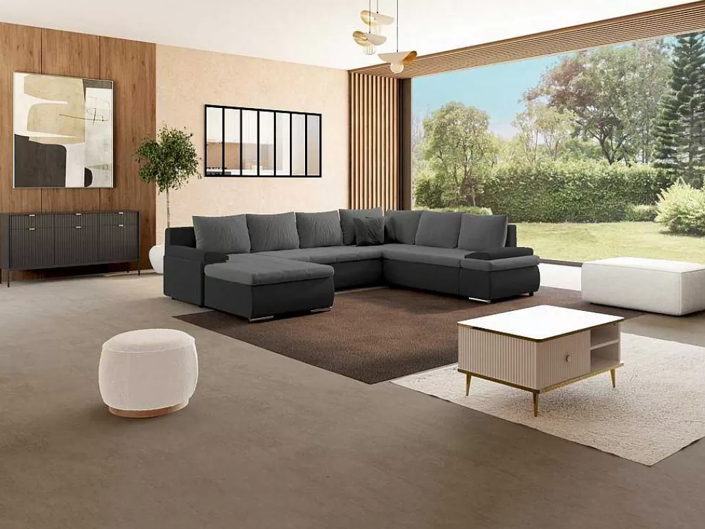 Sofá*Vente-unique Sofá De Canto Panorâmico Convertivel Em Cama E Reversivel Em Pele Sintética E Tecido Bicolor Preto E Cinzento - Dakota