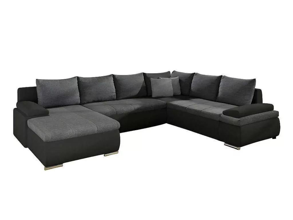 Sofá*Vente-unique Sofá De Canto Panorâmico Convertivel Em Cama E Reversivel Em Pele Sintética E Tecido Bicolor Preto E Cinzento - Dakota
