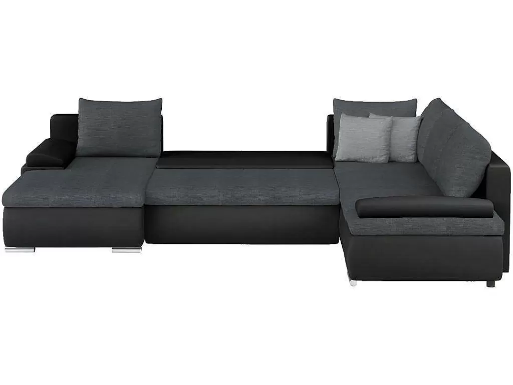 Sofá*Vente-unique Sofá De Canto Panorâmico Convertivel Em Cama E Reversivel Em Pele Sintética E Tecido Bicolor Preto E Cinzento - Dakota