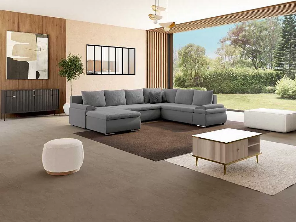 Sofá Panorâmico*Vente-unique Sofá De Canto Panorâmico Convertivel Em Cama E Reversivel Em Pele Sintética E Tecido Cinzento - Dakota