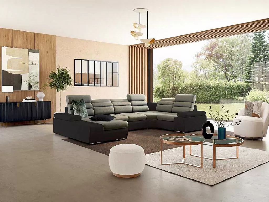 Sofá Panorâmico*Vente-unique Sofá De Canto Panorâmico Convertivel Em Cama Em Tecido E Pele Sintética Bicolor Bege E Castanho - Canto Esquerdo - Boileau