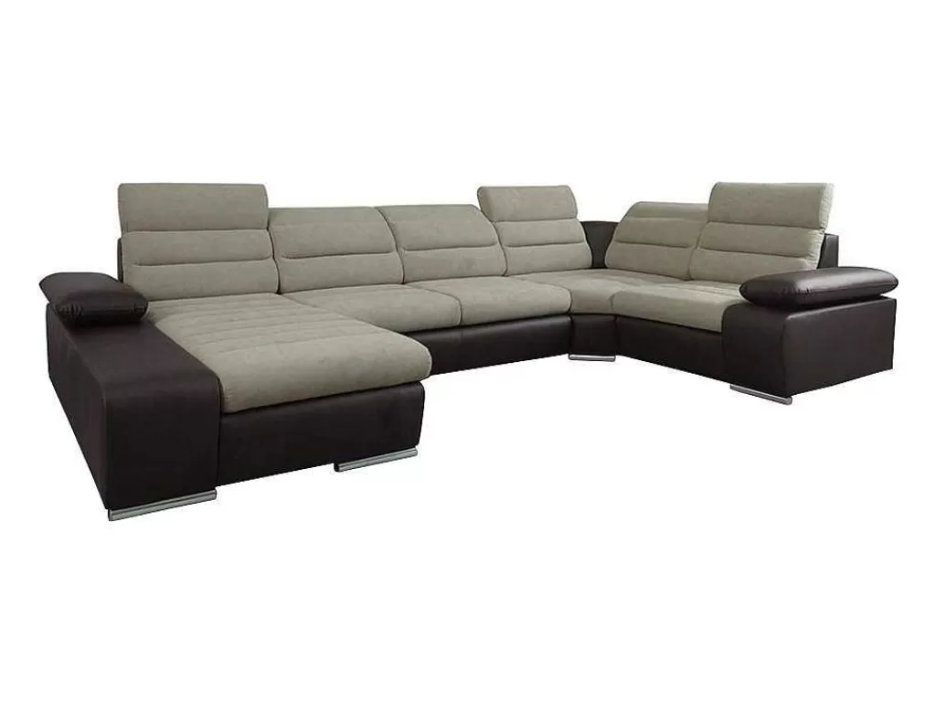 Sofá Panorâmico*Vente-unique Sofá De Canto Panorâmico Convertivel Em Cama Em Tecido E Pele Sintética Bicolor Bege E Castanho - Canto Esquerdo - Boileau