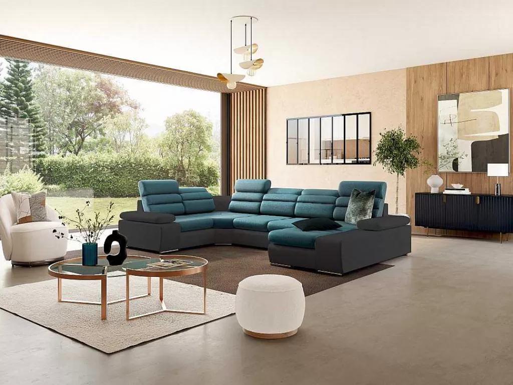 Sofá Panorâmico*Vente-unique Sofá De Canto Panorâmico Modular Em Tecido E Pele Sintética Bicolor Turquesa E Cinzento Escuro - Canto Direito - Boileau