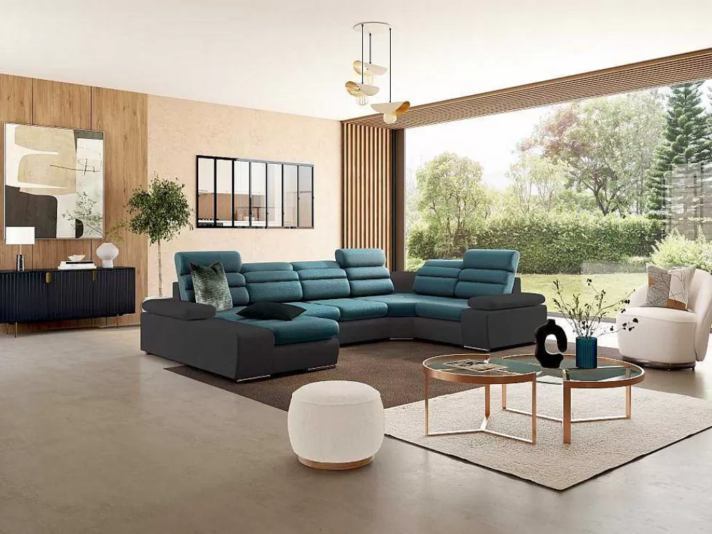 Sofá Panorâmico*Vente-unique Sofá De Canto Panorâmico Modular Em Tecido E Pele Sintética Bicolor Turquesa E Cinzento Escuro - Canto Esquerdo - Boileau