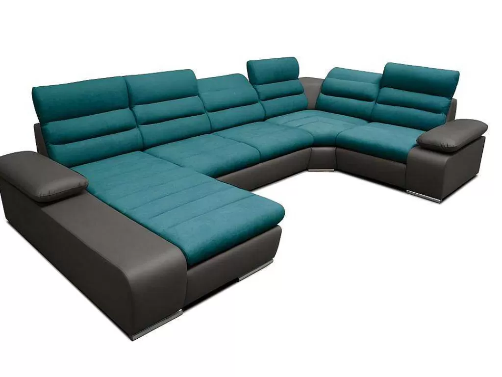 Sofá Panorâmico*Vente-unique Sofá De Canto Panorâmico Modular Em Tecido E Pele Sintética Bicolor Turquesa E Cinzento Escuro - Canto Esquerdo - Boileau