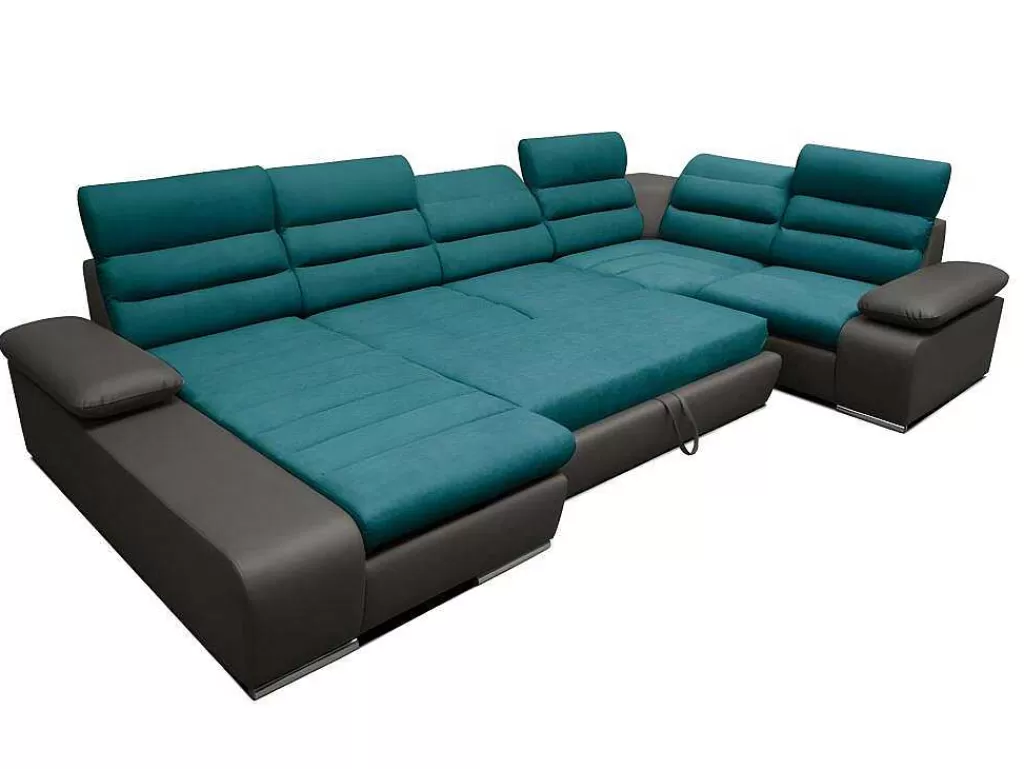 Sofá Panorâmico*Vente-unique Sofá De Canto Panorâmico Modular Em Tecido E Pele Sintética Bicolor Turquesa E Cinzento Escuro - Canto Esquerdo - Boileau