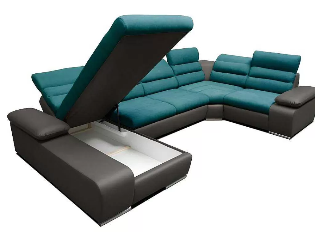 Sofá Panorâmico*Vente-unique Sofá De Canto Panorâmico Modular Em Tecido E Pele Sintética Bicolor Turquesa E Cinzento Escuro - Canto Esquerdo - Boileau