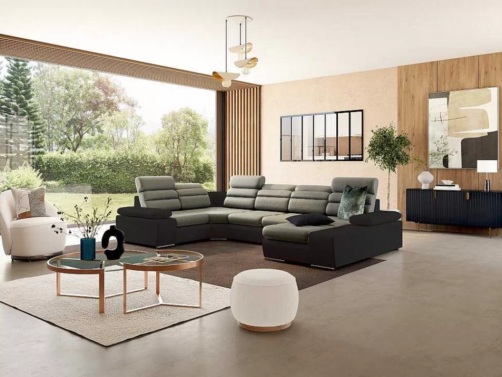 Sofá Panorâmico*Vente-unique Sofá De Canto Panorâmico Modular Em Tecido E Pele Sintéticabicolor Bege E Castanho - Canto Direito - Boileau