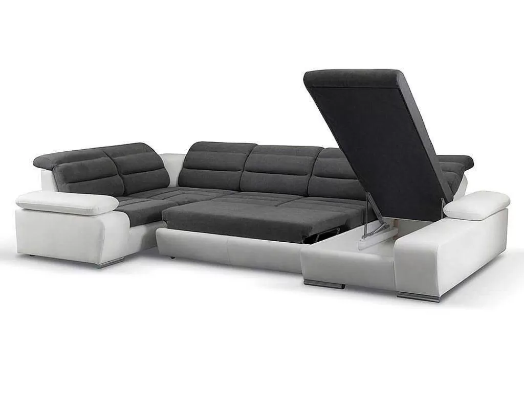 Sofá De Canto*Vente-unique Sofá De Canto Panorâmico Modular Em Tecido E Pele Sintéticabicolor Cinzento E Branco - Canto Direito - Boileau