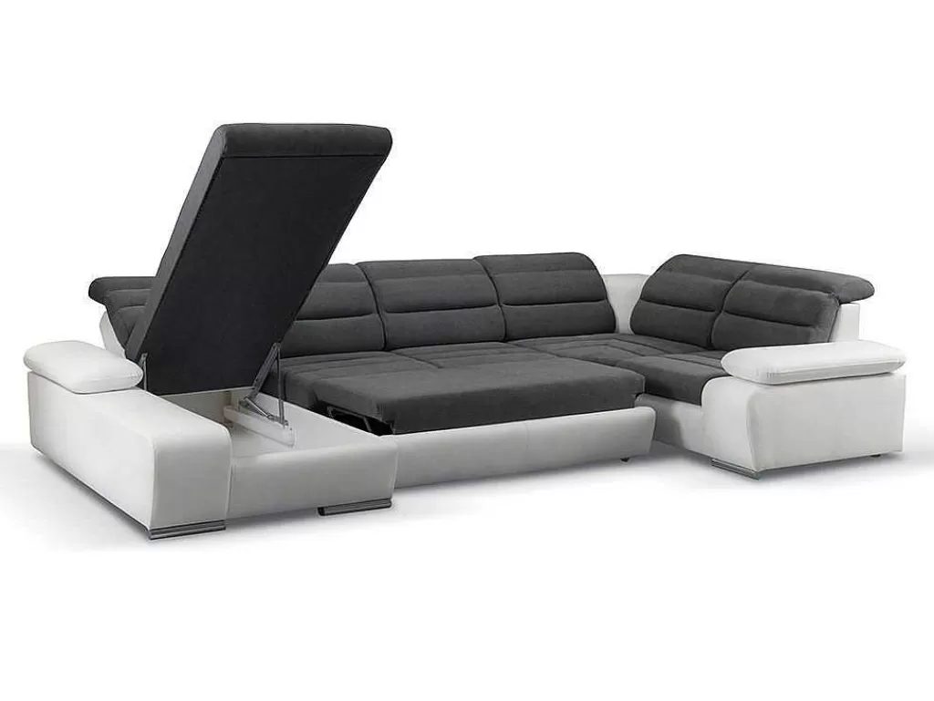 Sofá Panorâmico*Vente-unique Sofá De Canto Panorâmico Modular Em Tecido E Pele Sintéticabicolor Cinzento E Branco - Canto Esquerdo - Boileau