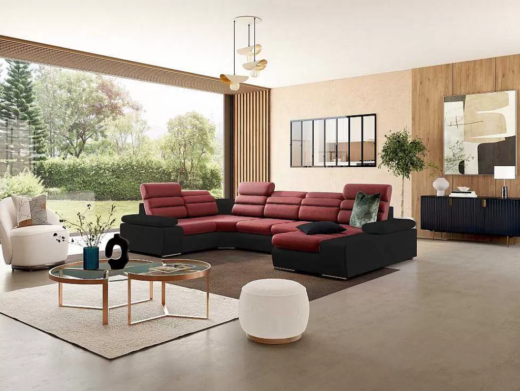 Sofá Panorâmico*Vente-unique Sofá De Canto Panorâmico Modular Em Tecido E Pele Sintéticabicolor Vermelho E Preto - Canto Direito - Boileau