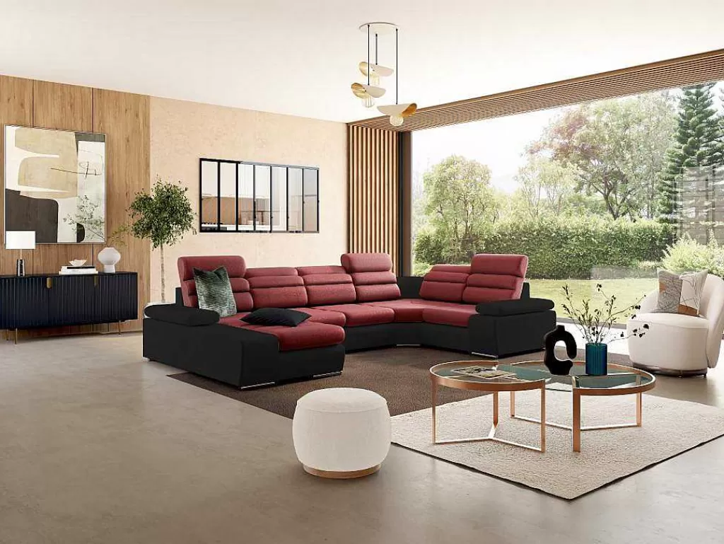 Sofá Panorâmico*Vente-unique Sofá De Canto Panorâmico Modular Em Tecido E Pele Sintéticabicolor Vermelho E Preto - Canto Esquerdo - Boileau