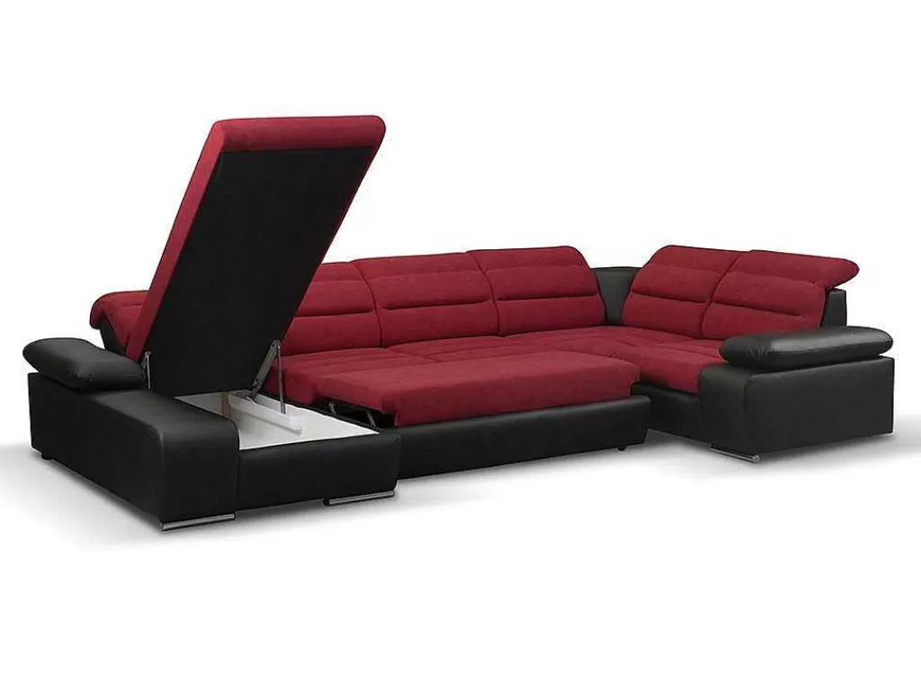 Sofá Panorâmico*Vente-unique Sofá De Canto Panorâmico Modular Em Tecido E Pele Sintéticabicolor Vermelho E Preto - Canto Esquerdo - Boileau