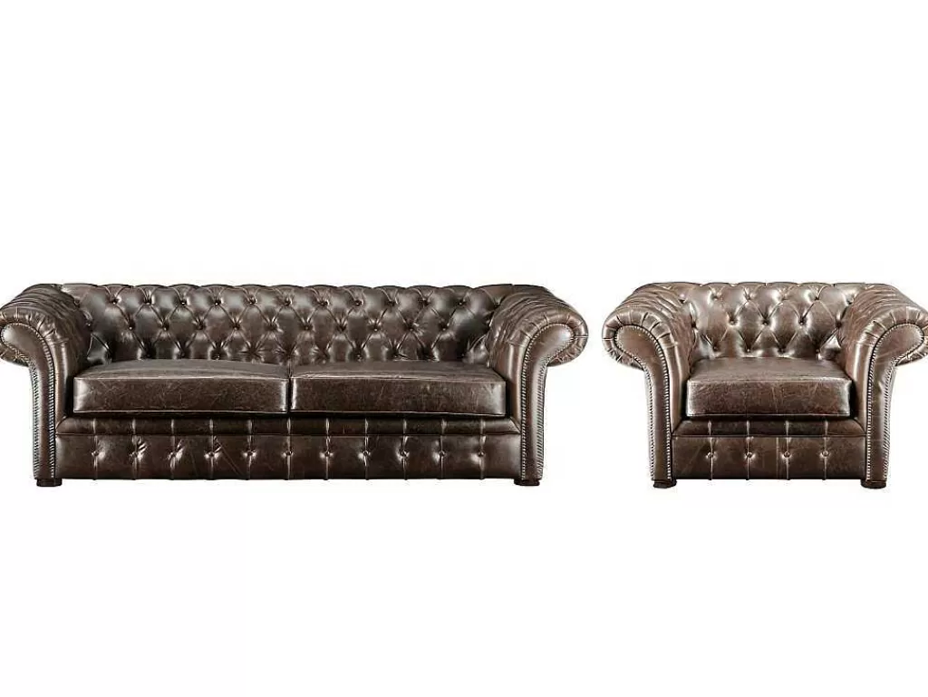Conjunto Sofá E Poltrona*Vente-unique Sofá E Cadeirão Em Couro Envelhecido Estilo Chesterfield 100% - Clotaire