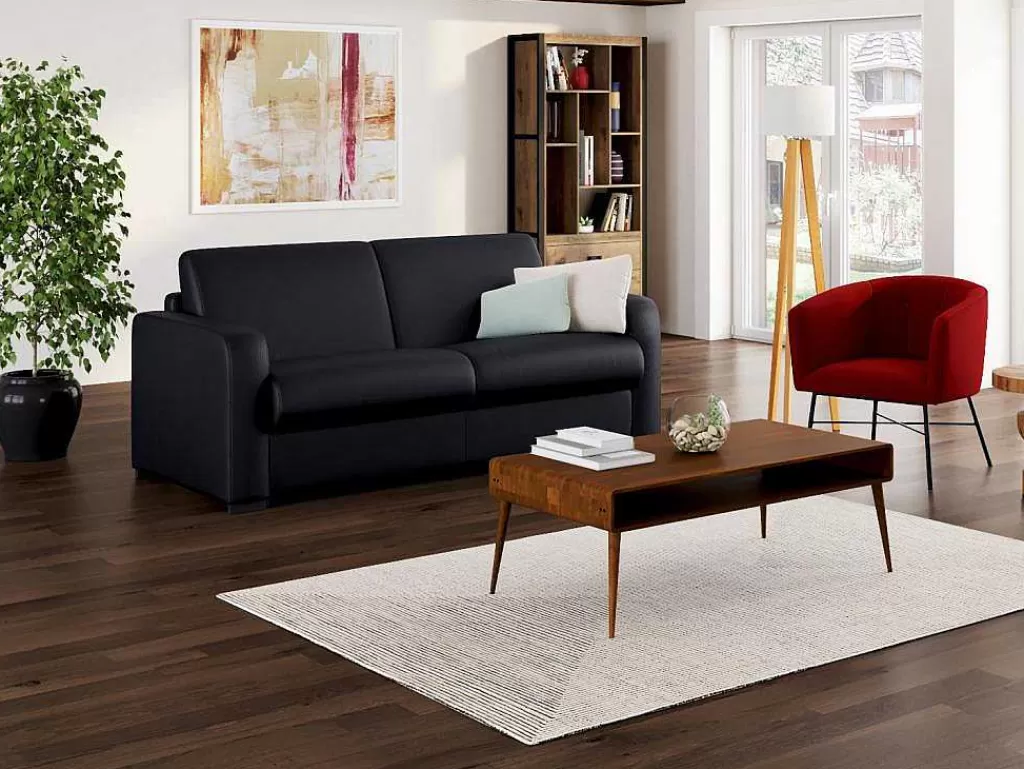 Sofá Cama De Abertura Rapida*Vente-unique Sofá-Cama De 3 Lugares Convertivel Abertura Rapida Em Couro Preto Colchão De 18 Cm - Bevis