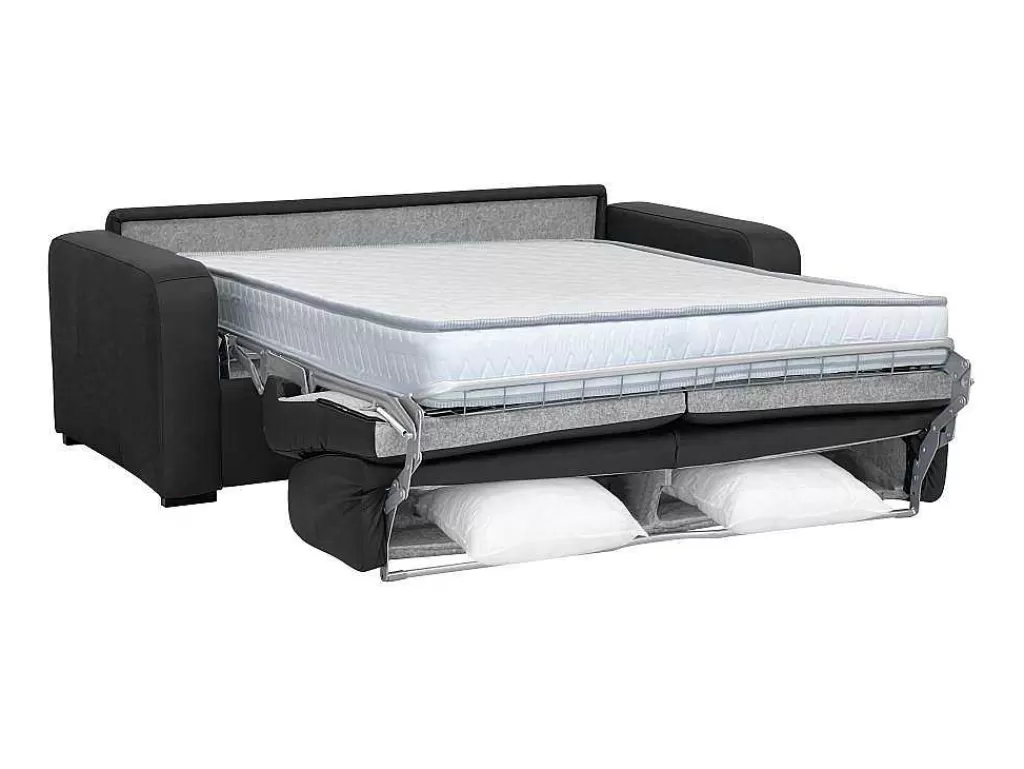 Sofá Cama De Abertura Rapida*Vente-unique Sofá-Cama De 3 Lugares Convertivel Abertura Rapida Em Couro Preto Colchão De 18 Cm - Bevis