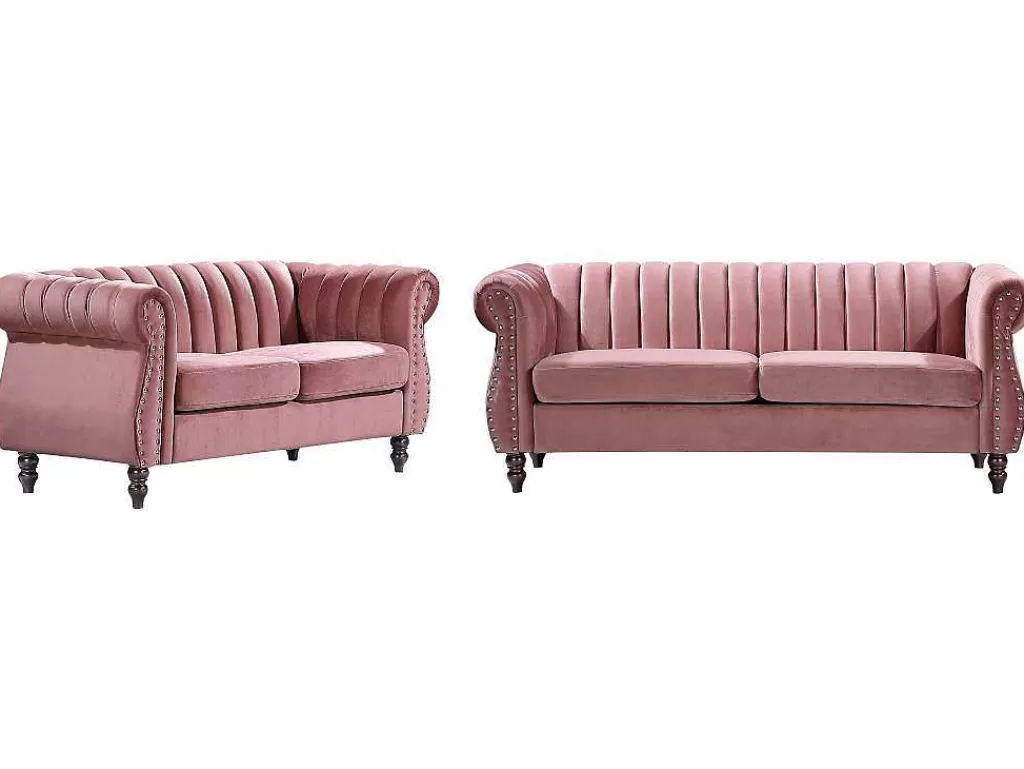 Conjunto De Sofá*Vente-unique Sofás Chesterfield 3 Lugares E 2 Lugares Veludo Cor-De-Rosa Vintage - Trumbo
