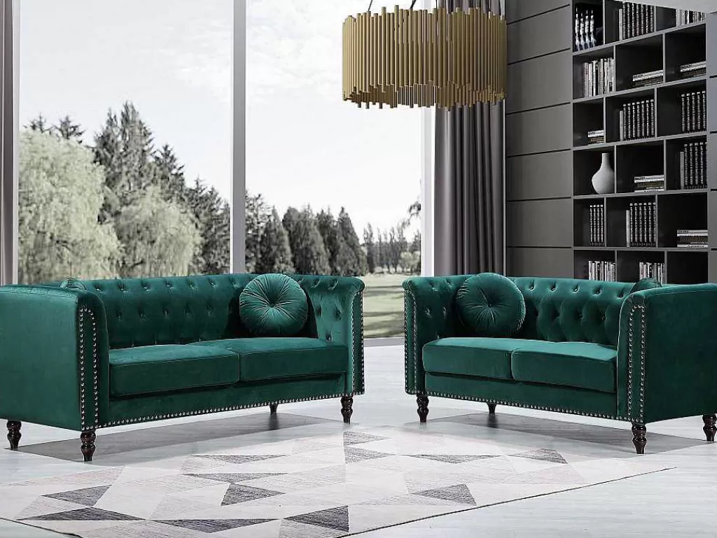 Conjunto De Sofá*Vente-unique Sofás De 3 E De 2 Lugares Em Veludo Verde-Esmeralda - Turner