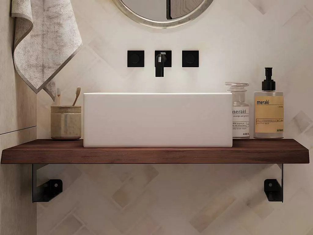 Móvel De Parede Para Casa De Banho*Vente-unique Suporte Suspenso Em Teca Escura Com Esquadros De Fixacao Pretos De 80 X 50 Cm - Sukawati