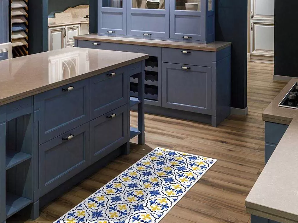 Tapetes De Corredor*OZAIA Tapete De Corredor Em Vinil Efeito Azulejo 66X160 Cm Azul E Amarelo - Florili