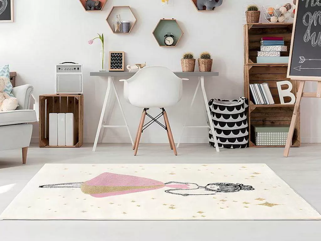 Tapete De Criança*OZAIA Tapete De Criança Motivo Fada Com Acabamento Fio Lurex Dourado De 120 X 170 Cm Cor Cru E Cor-De-Rosa - Ariel